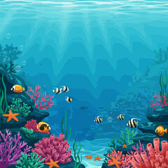 Fototapeta na wymiar Exploring Colorful Coral Reef with Tropical Fish in a Blue Ocean