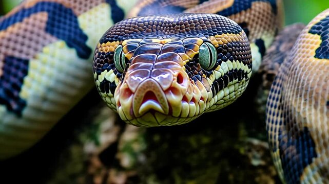Colorful python resting on a branch in its natural habitat during daylight hours