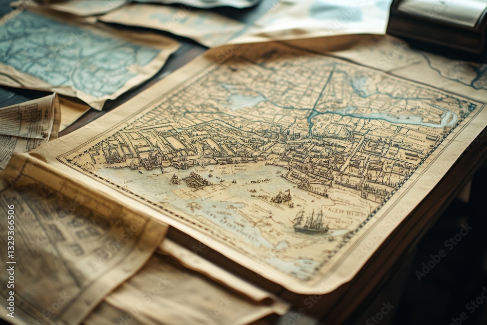 Aufkleber A vintage map spread over a table, showcasing intricate geographical details and accentuated by warm ambient light.
