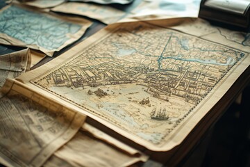 Naklejka premium A vintage map spread over a table, showcasing intricate geographical details and accentuated by warm ambient light.