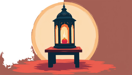 Fototapeta premium Traditional Eid lantern glowing on geometric table, festive symbolism