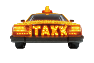 A Dazzling Taxi Cab, Completely Illuminated With Bright Amber Lights Spelling Out Taxi, Ready For A Thrilling Night Ride, Showcasing Vibrant Energy And Electrifying Style Isolated on Transparent Backg