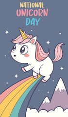 Cute cartoon unicorn on rainbow. Vector illustration in flat style.