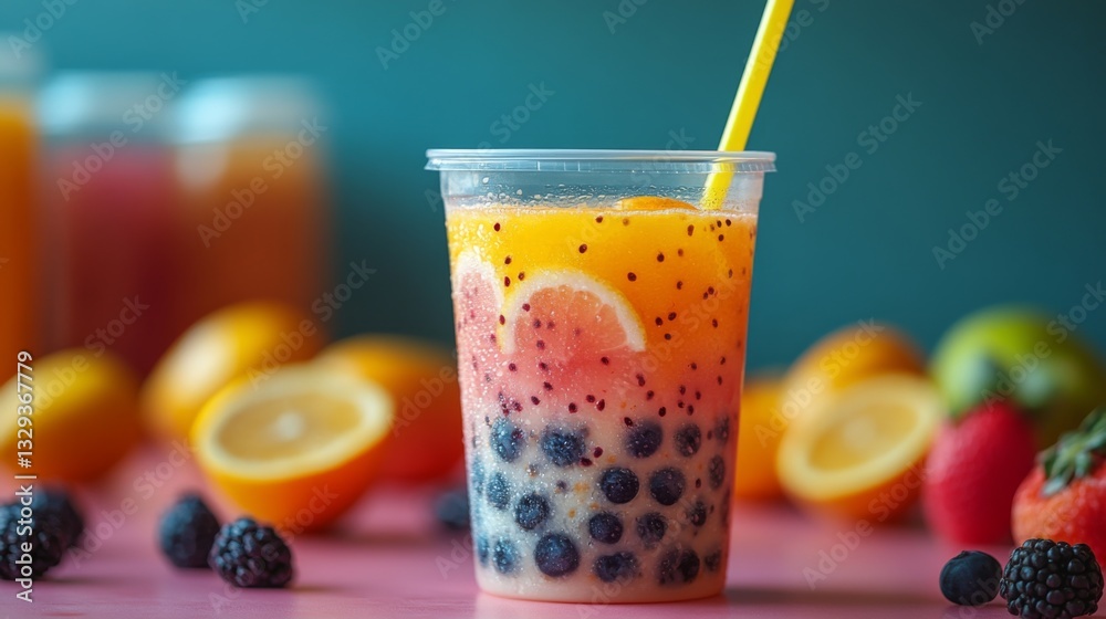 Aufkleber a vibrant cup of fruit drink contains layers of berries and citrus slices, surrounded by fresh fruit