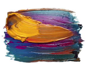 Vibrant impasto oil paint strokes in rich jewel tones.  A bold yellow accent contrasts beautifully against deep blues, purples, and browns.