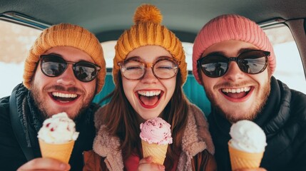 Obraz premium A group of friends laughing smiling and indulging in ice cream treats together during a fun and casual car ride capturing a moment of pure joy camaraderie and lighthearted adventure