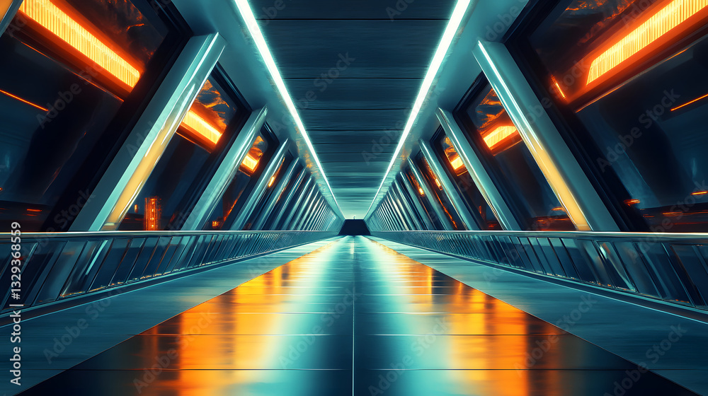Poster striking long corridor illuminated by soft lights creating an inviting atmosphere with angular symme