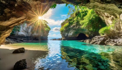 Fototapeta premium A serene beach cave with sunlight streaming through the arch and clear water