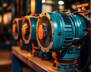 Close-up of three industrial teal electric motors in a factory setting.
