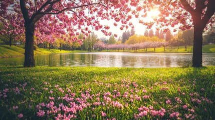 Obraz premium Serene Spring Landscape with Cherry Blossom Trees and Reflective Water