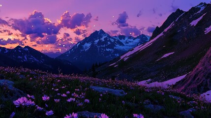 Fototapeta premium Serene Mountain Landscape at Dusk with Vibrant Purple Skies