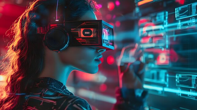 A person in retro 1980s fashion interacting with a high-tech AI assistant, featuring a holographic interface and old-school cassette tapes side by side, representing the fusion of past and future 