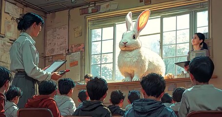 Giant rabbit in classroom, students listening, teacher explaining. Possible use educational concept, surreal