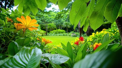 Fototapeta premium Vibrant garden blooms and greenery framing a lush lawn