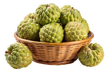 Fototapeta premium Fresh Custard Apples in a Wicker Basket, A wicker basket filled with fresh green custard apples, also known as sugar apples or cherimoya, isolated on a white background.