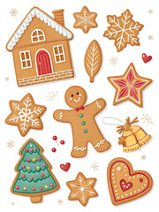 A variety of decorated gingerbread cookies including a house, tree, and figures