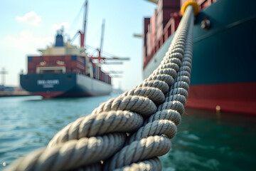 A close-up view of a thick rope securing a cargo ship, with another vessel in the background, showcasing maritime activity in a busy port.