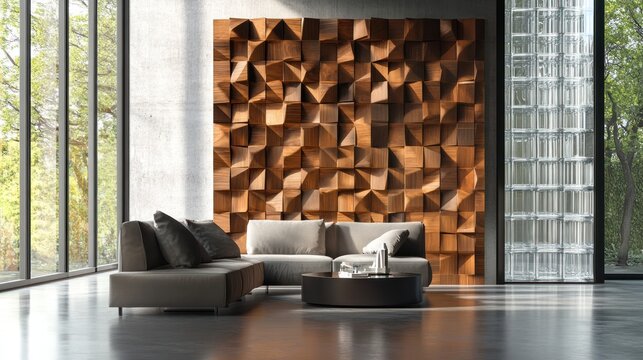 Modern sectional sofa in sunlit loft, geometric wood wall, glass block window