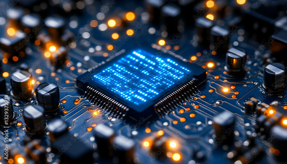 Poster close-up of a computer processor displaying blue glowing code, surrounded by circuit board component