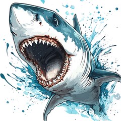 Great White Shark Jumping Out of Water Artistic Watercolor Splash Design