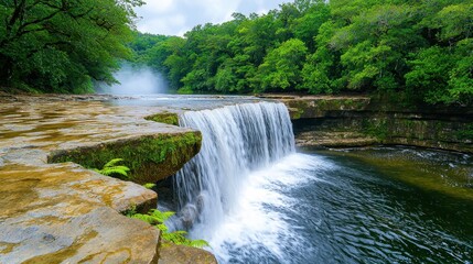 Obraz premium Serene Waterfall Cascading Through Lush Green Forest
