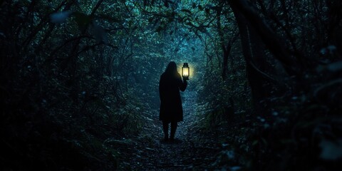 A silhouette of a person holding a lantern walking through a dense, shadowy forest