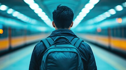 Portrait of an Asian man packing his backpack as he prepares to leave the office at the end of the workday ready to make his commute home Concept of daily work routine corporate lifestyle