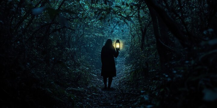 A silhouette of a person holding a lantern walking through a dense, shadowy forest