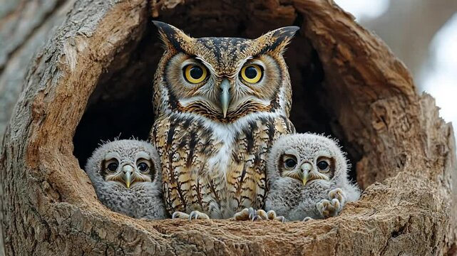 Owls and owlets in a tree hollow footage