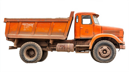 Old Orange Dump Truck Isolated on White Background.