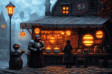 Fototapeta premium A pixel art scene of a small museum with tiny visitors walking through exhibits of dinosaur skeletons, medieval armor, and glowing ancient artifacts, with charming animations