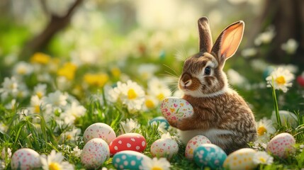 Adorable Bunny With Easter Eggs In Flowery Meadow