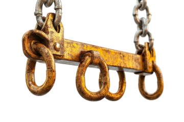 A Weathered Iron Beam, A Testament To Times Passage, Hangs From Sturdy Chains, Its Rusty Loops Whispering Tales Of Bygone Industrial Strength Against A Stark White Backdrop Isolated on Transparent Bac