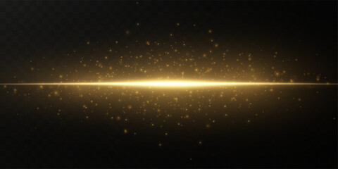 Light effect of movement of golden neon lines. Horizontal lines. Speed ​​effect on a transparent background. Lines of light, speed and movement.