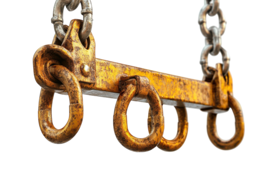 A Weathered Iron Beam, A Testament To Times Passage, Hangs From Sturdy Chains, Its Rusty Loops Whispering Tales Of Bygone Industrial Strength Against A Stark White Backdrop Isolated on Transparent Bac