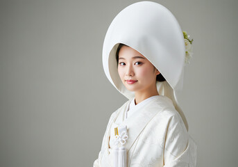 A Japanese bride wearing a white kimono- traditional attire