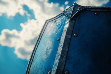 A close-up of a medieval shield shines under a bright blue sky, symbolizing protection and strength.