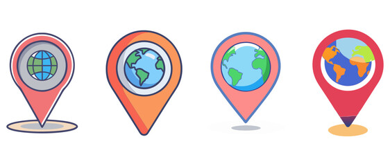 Colorful Globe Location Marker Icons Set – World Map Navigation and GPS Positioning Symbols
