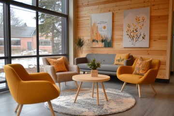 A serene waiting room in a clinic, with artwork and literature promoting inclusivity and mental well-being