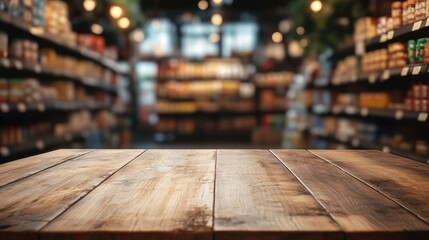 Empty old wood counter with blur bokeh supermarket background for product display.	