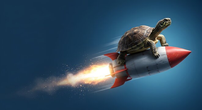 Turtle riding a rocket, surreal fast speed concept.