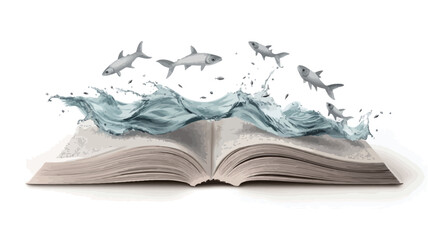 A digitally manipulated image shows an open book on a white background.  A wave of water is depicted emanating from the center of the book,  with several small fish appearing to leap from the