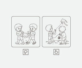 Black-and-white artwork showcasing children contrasting through quarrelling and teamwork, emphasizing the importance of cooperation and kindness. playing kite with friend