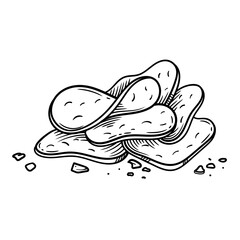 Hand-drawn black and white vector illustration of potato chips with scattered crumbs. The vintage engraving-style sketch for snack packaging, beer snack menus, fast food branding, pub illustrations.