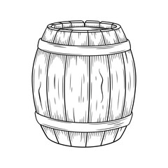 Hand-drawn black and white vector illustration of a wooden beer or wine barrel with metal hoops. Vintage engraving-style, perfect for breweries, wineries, pubs, and rustic beverage branding