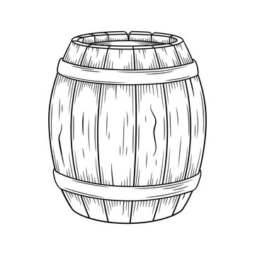 recommend clip art: Hand-drawn black and white vector illustration of a wooden beer or wine barrel with metal hoops. Vintage engraving-style, perfect for breweries, wineries, pubs, and rustic beverage branding