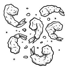 Hand-drawn tempura shrimp illustration in vintage sketch style, perfect for seafood menus and Asian cuisine branding, pub food and beer snack designs