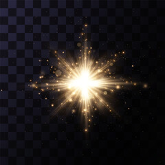 Naklejka premium The effect of a bright golden flash of light on a transparent background with rays and glare. Light yellow light blur effect.