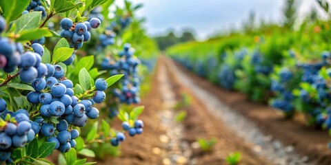 Farm rows with blueberries, blueberry harvest, ripe blueberries,  blueberry harvest, ripe blueberries, berry field