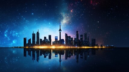 An artistic skyline with famous landmarks blending into the stars.